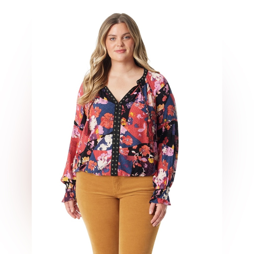 🌸 Jessica Simpson Floral Patchwork Peasant Blouse – Size 2X